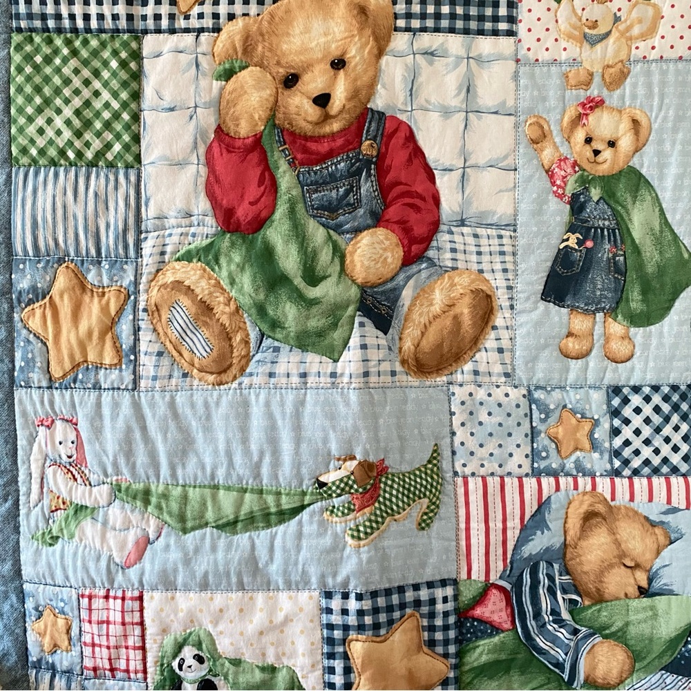 Vintage Blue Jean Teddy Bear & Friends Baby Quilt Blanket